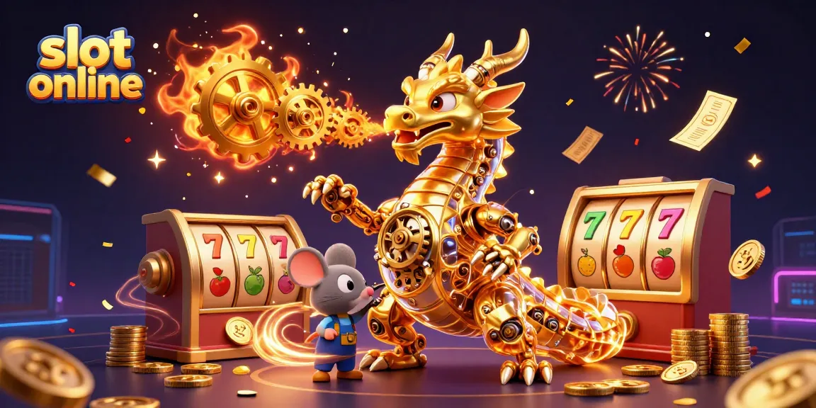 Engage with slot online gaming as a golden dragon breathes jackpot rewards amid celebratory confetti.