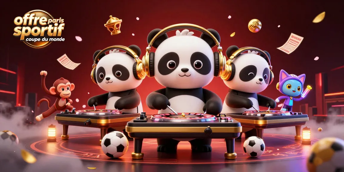 Offre paris sportif coupe du monde : animation d'un panda DJ et d'un singe sur une scène festive.