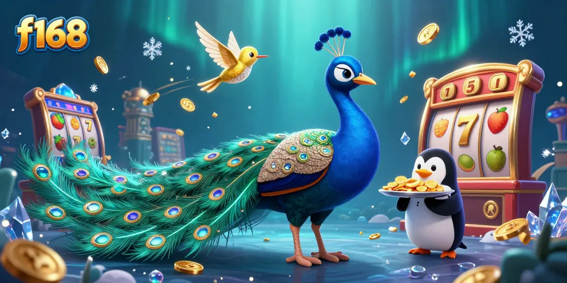 Experience the exciting f168 slot games featuring vibrant peacock and playful characters in a dynamic casino scene.