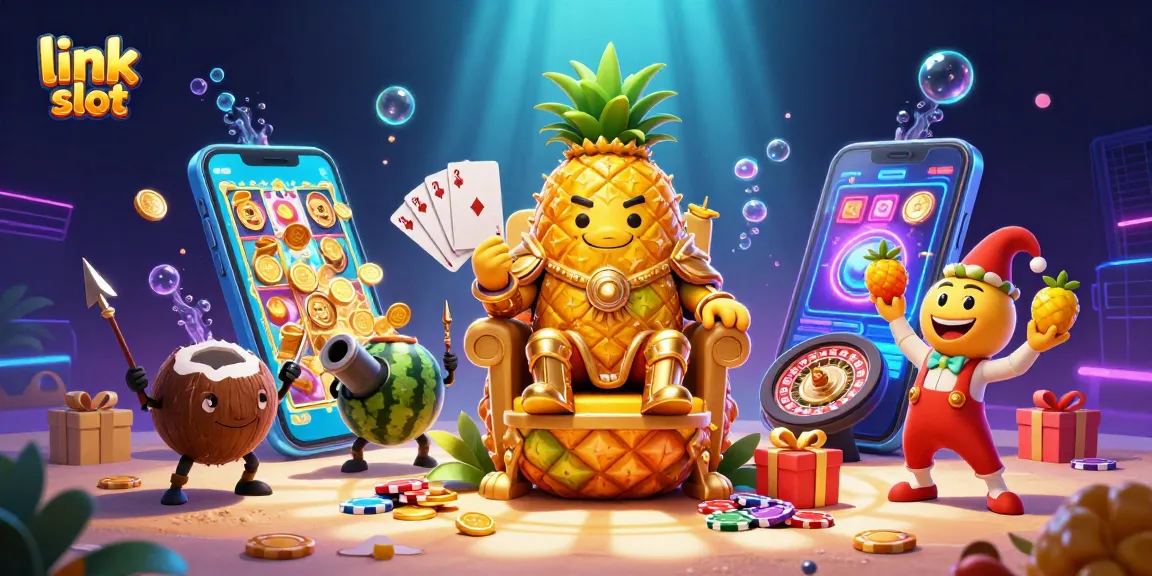 Experience the excitement of link slot games with vibrant 3D characters and mobile casino elements.