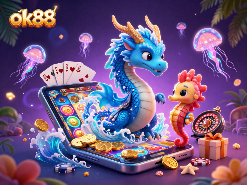 Experience the thrilling world of ok88 with a 3D illustration showcasing vibrant gaming elements.