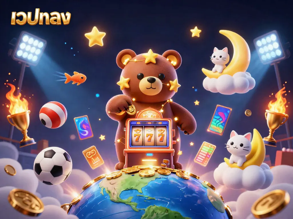 Engage in เว็บตรง gaming adventures with a cartoon constellation bear and vibrant slot machine elements.