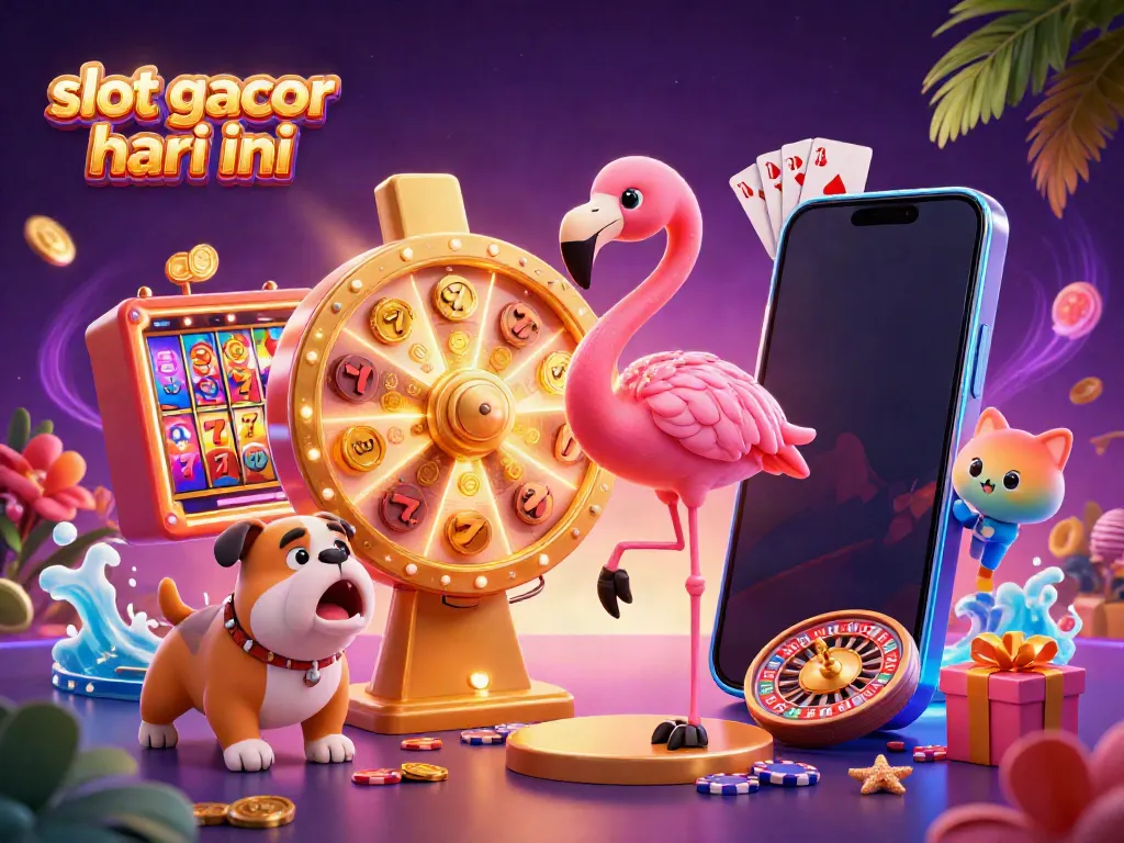 Visualisasi slot gacor hari ini dengan flamingo memutar roda hadiah, bulldog antusias, dan permainan slot di latar belakang.