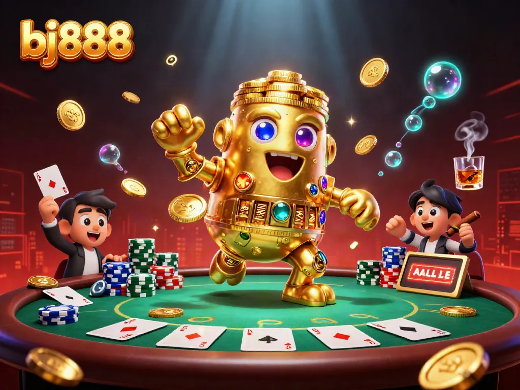 Experience dynamic gaming action at bj888 with a golden golem and poker table elements.