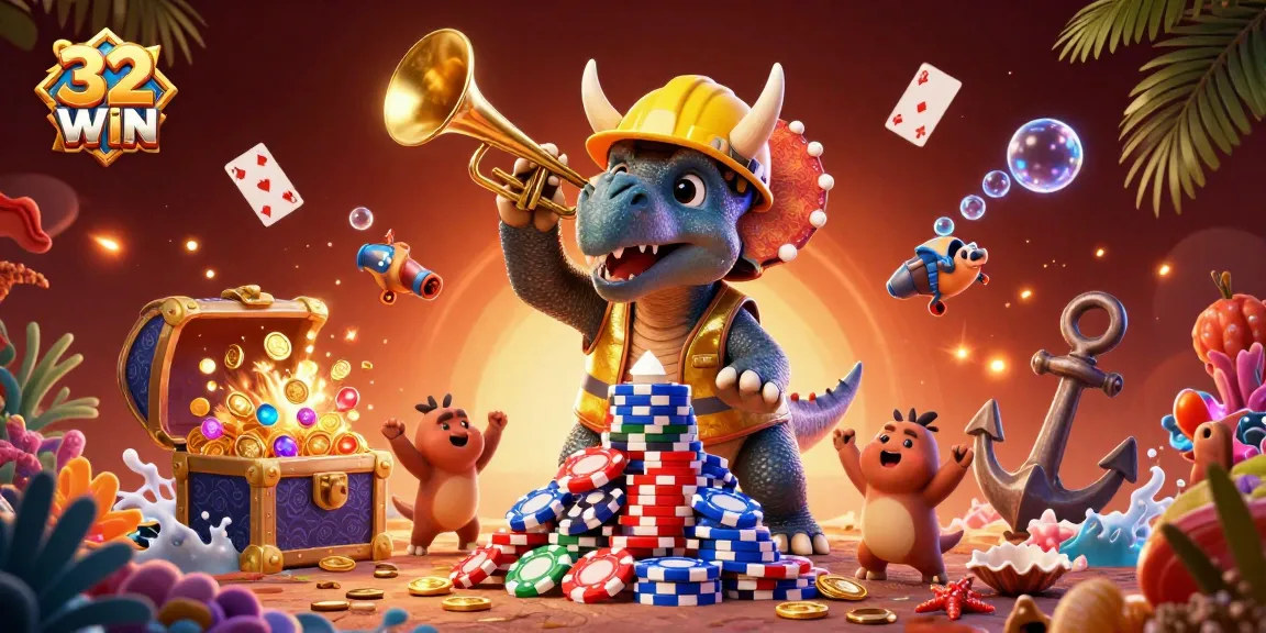 Join the excitement at 32WIN with vibrant gaming elements and cheerful characters celebrating wins.