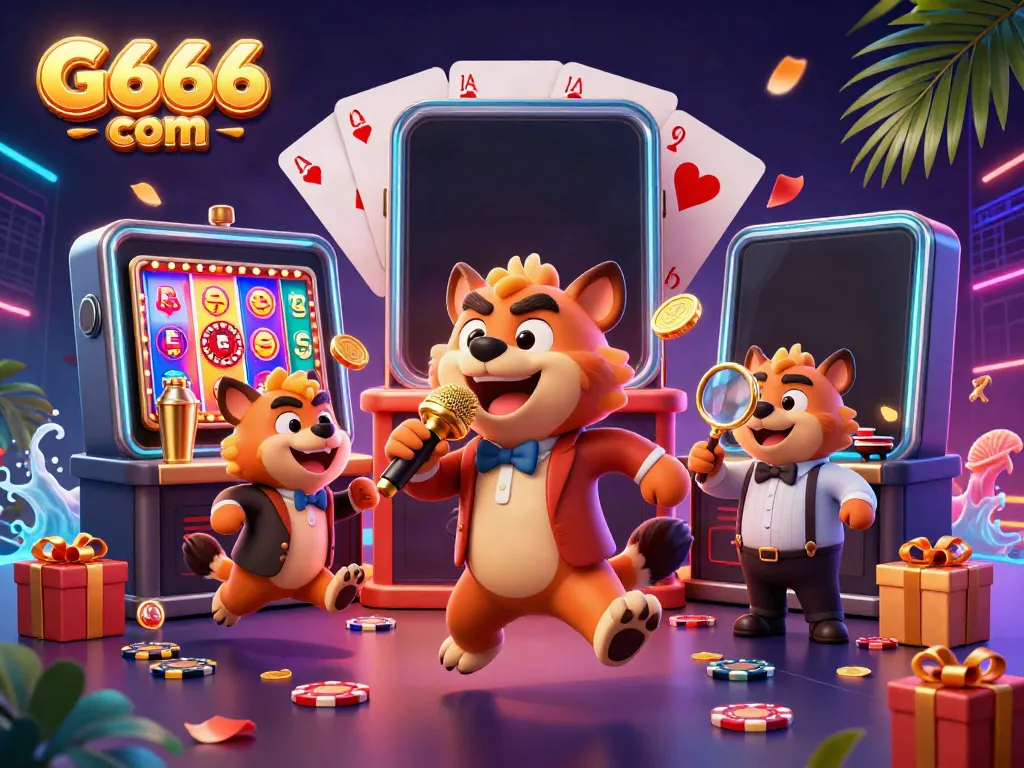 Experience the lively G666 com casino scene with hyena comedians and colorful slot games.