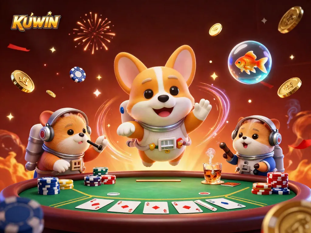 Engaging scene showcasing KUWIN's colorful casino atmosphere with cartoon characters floating in a vibrant setting.