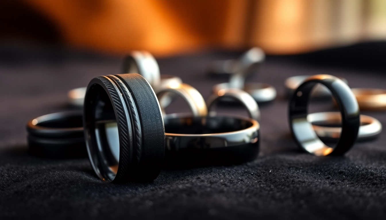 Showcase striking Black Wedding Rings for Men with elegant designs on dark velvet.