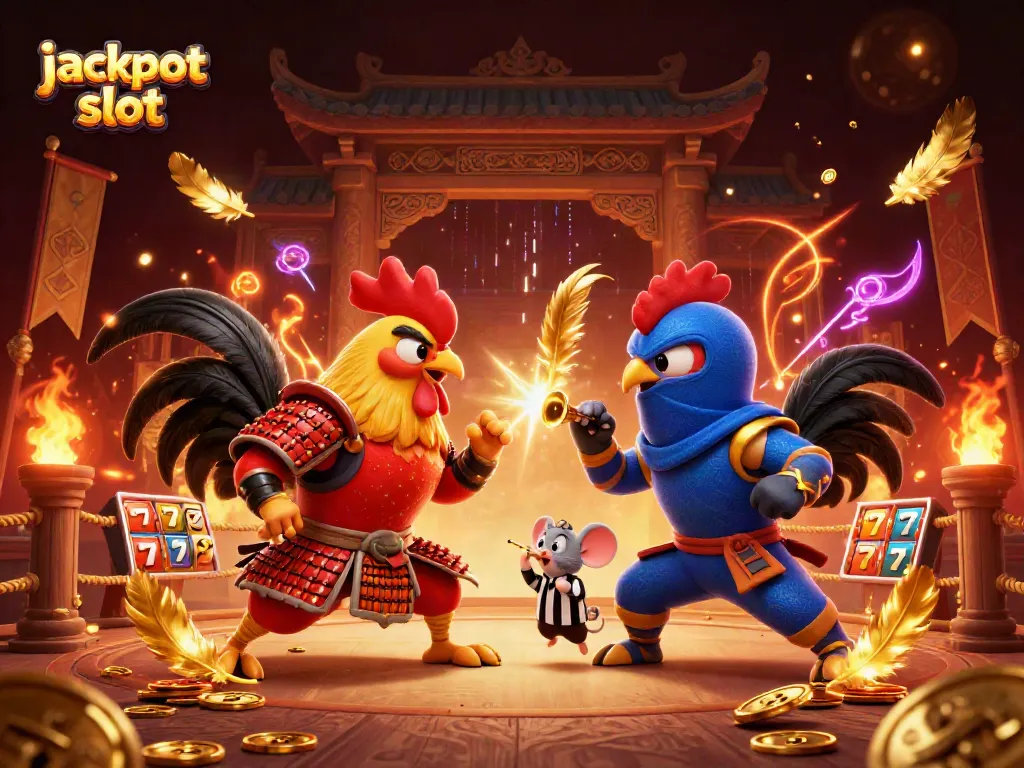 Engage with the exciting jackpot slot battle between samurai and ninja roosters in a vibrant casino scene.