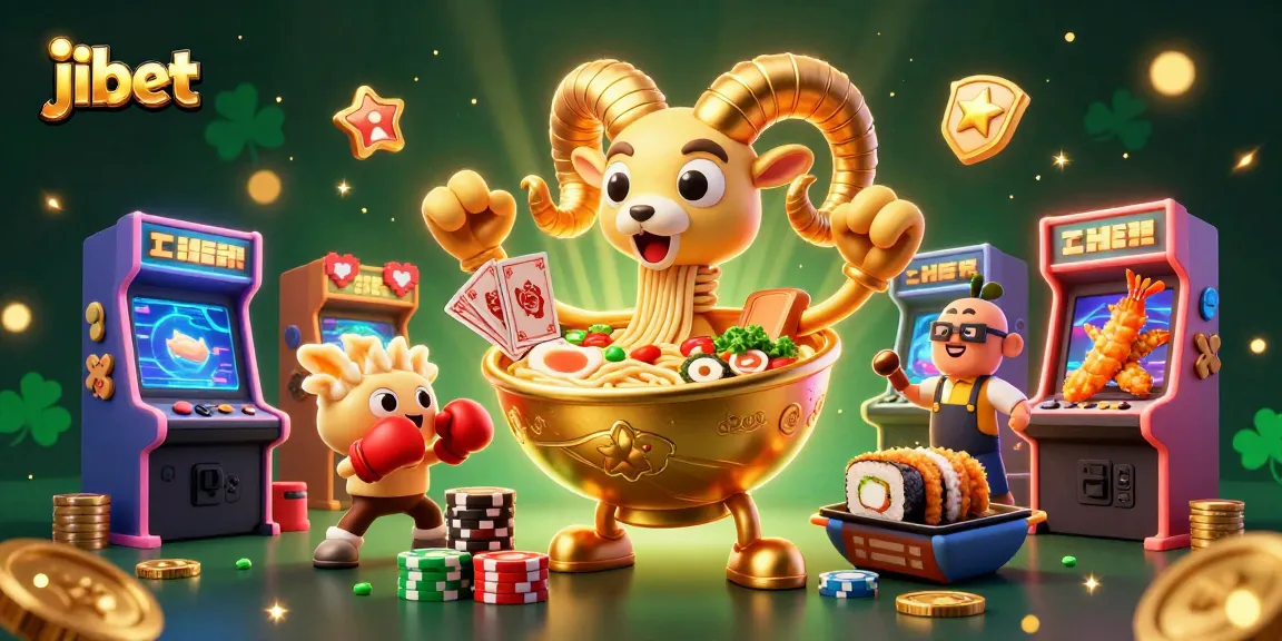 Engage with vibrant jibet gaming as giant ramen bowl characters deal cards amid dynamic casino elements.
