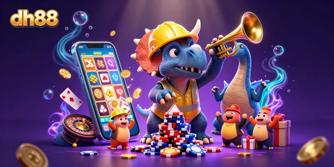 Celebrate gaming at dh88 with a colorful 3D illustration of a triceratops and friends building poker chip pyramids.