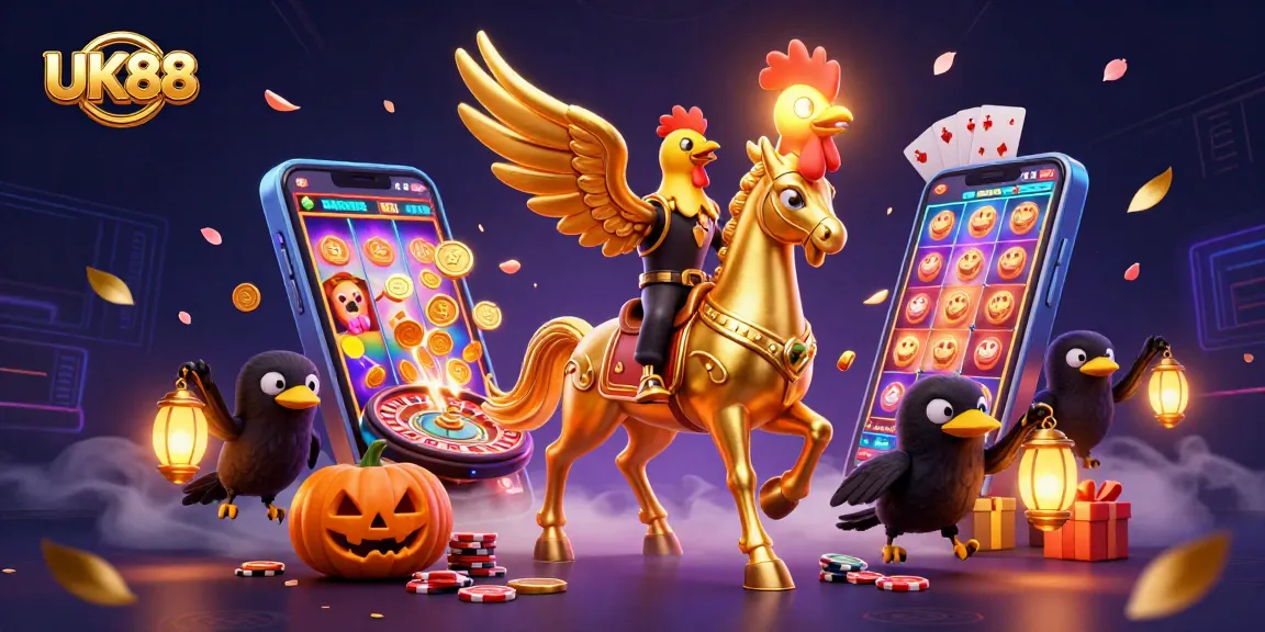 Engage with UK88's thrilling casino adventure featuring the golden rooster hero and vibrant game elements.