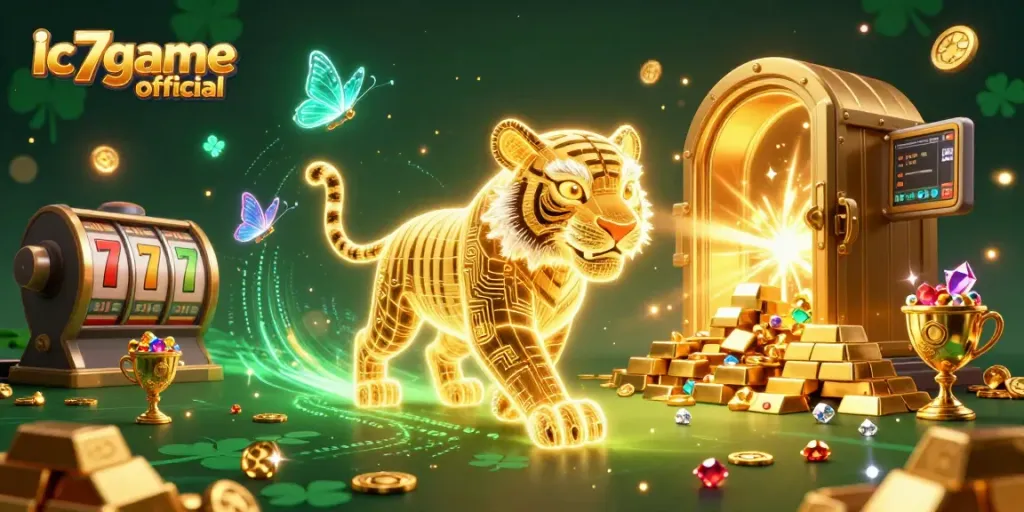Join the fun with Ic7game official in a colorful, vibrant casino scene, featuring a golden tiger and dynamic elements.