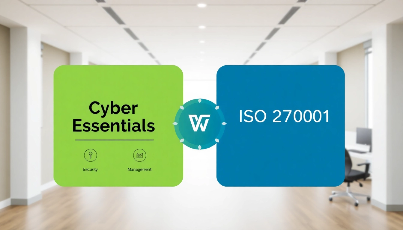 Compare cyber essentials vs iso 27001 through a professional diagram showcasing their differences.