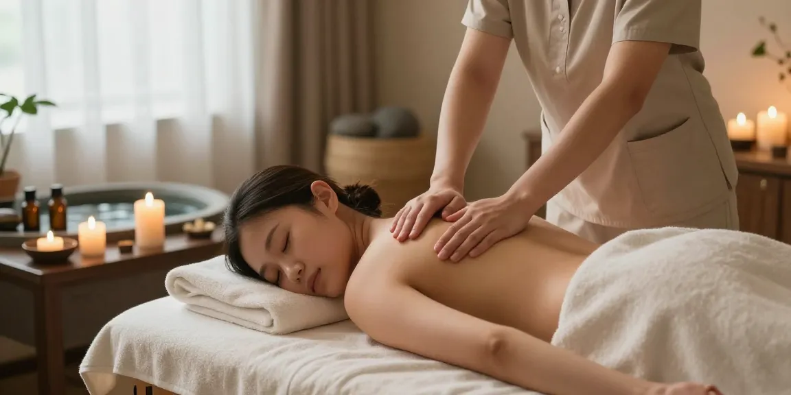 스웨디시 마사지 중인 모습, 편안한 스파 환경에서 치료사가 고객을 부드럽게 마사지하고 있습니다.