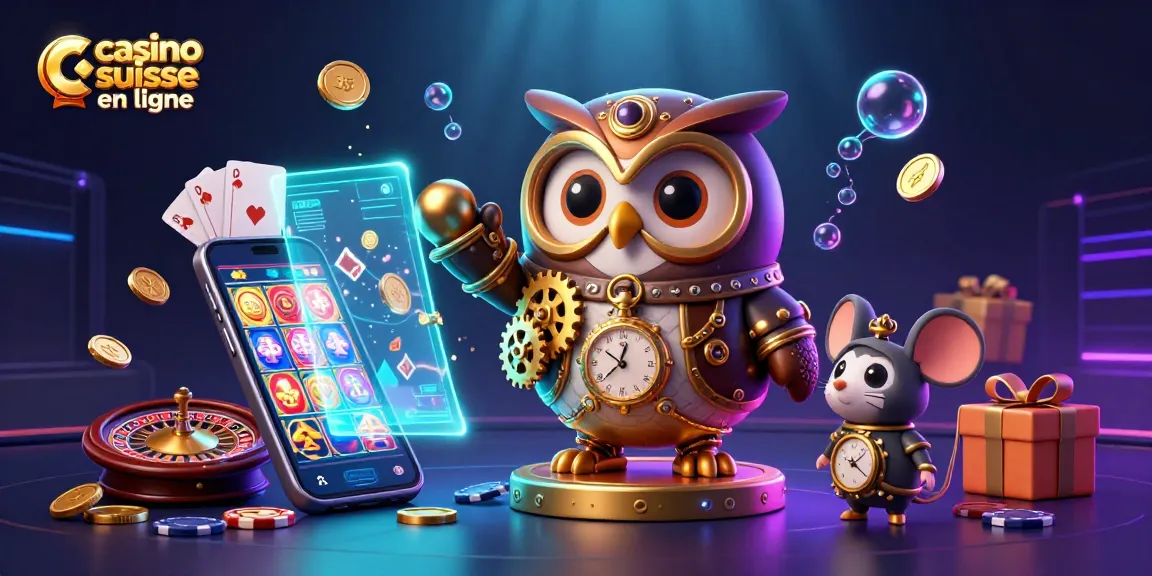 Illustration dynamique de casino suisse en ligne avec une chouette et une souris à côté d'éléments de jeu colorés.