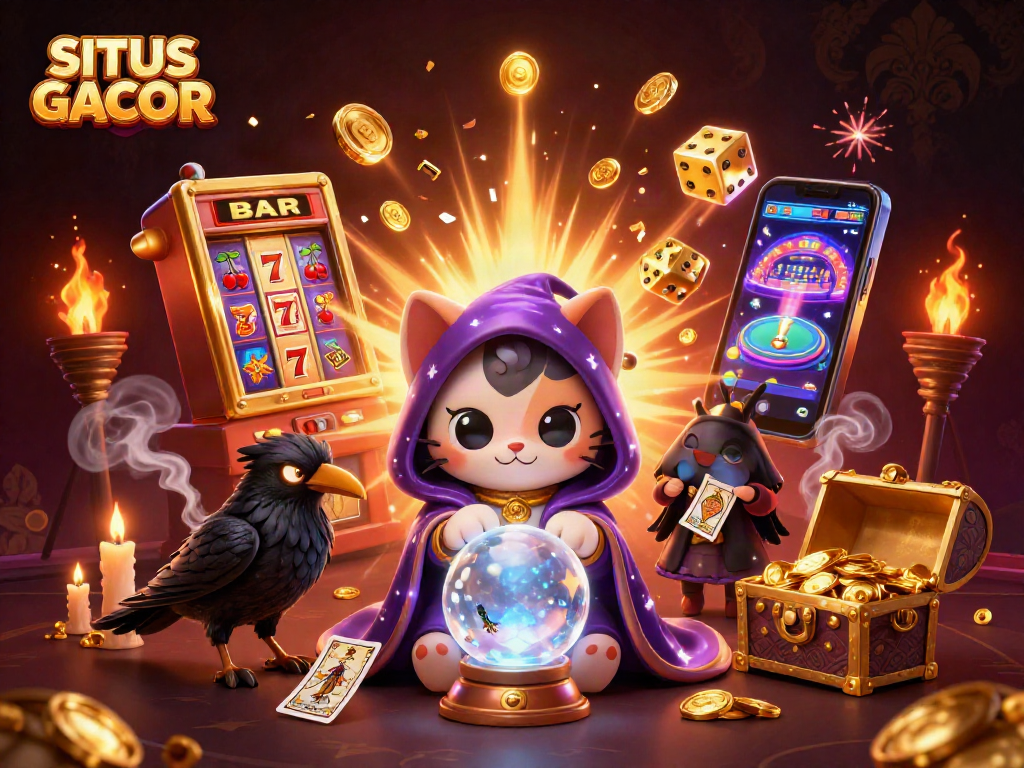 SITUS GACOR immersive scene showcasing a mystic cat and raven amid bursting jackpot delights.