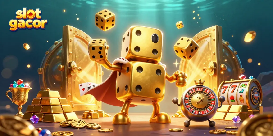 Engage with slot gacor as golden dice golem juggles for big wins in a vibrant casino scene.