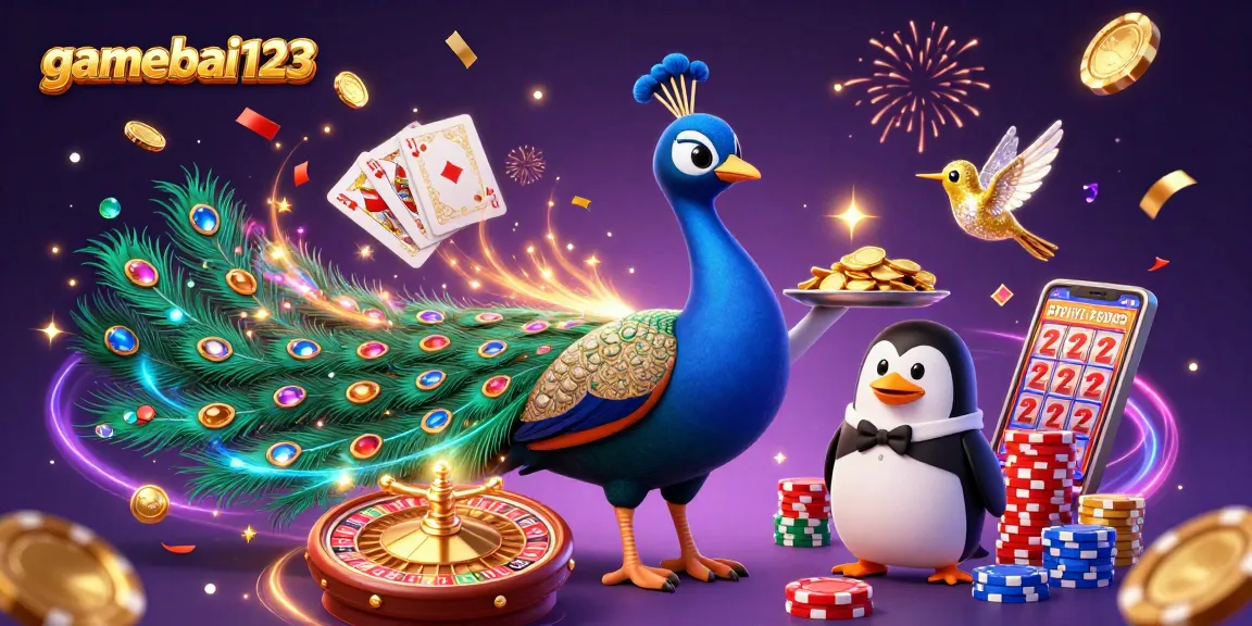 Experience thrilling gameplay with gamebai123 as the elegant peacock and friends celebrate casino wins.