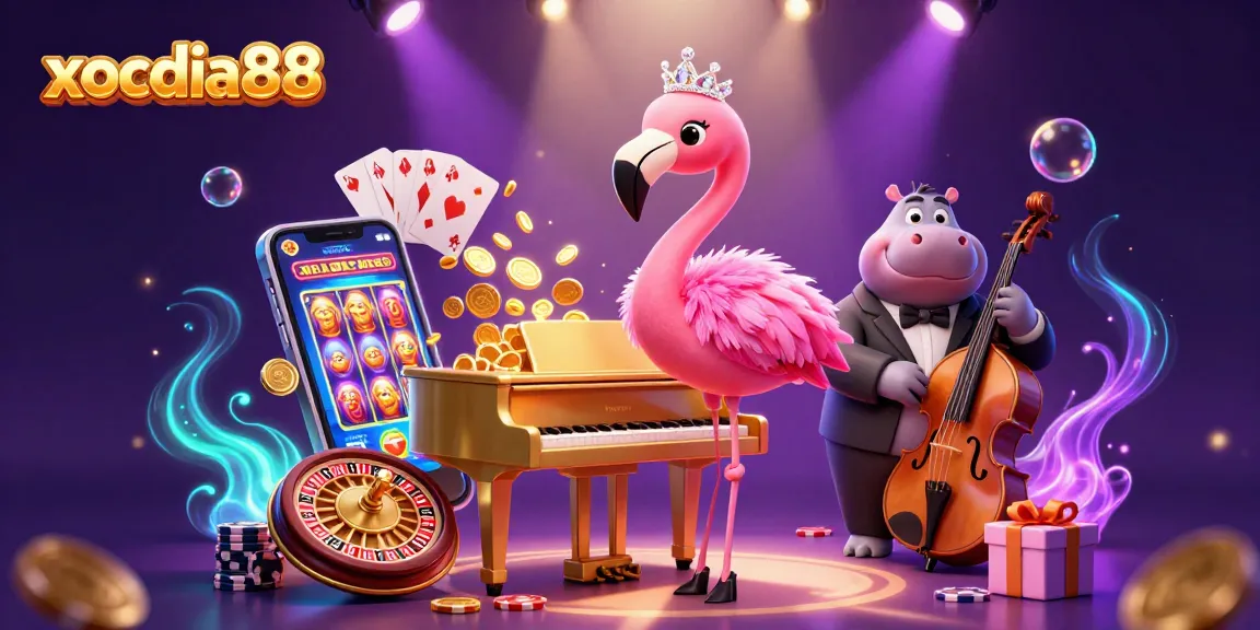 Xocdia88 showcases an entertaining flamingo singer and hippo bassist in a vibrant casino setting.