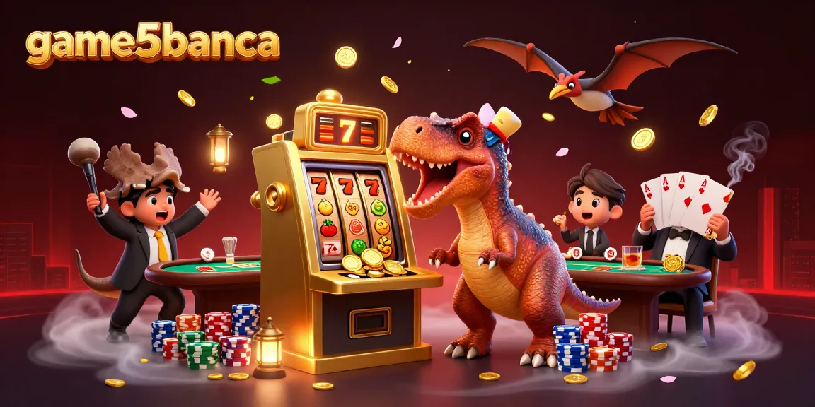game5banca showcases a dinosaur winning jackpots while capturing coins in a vibrant casino.