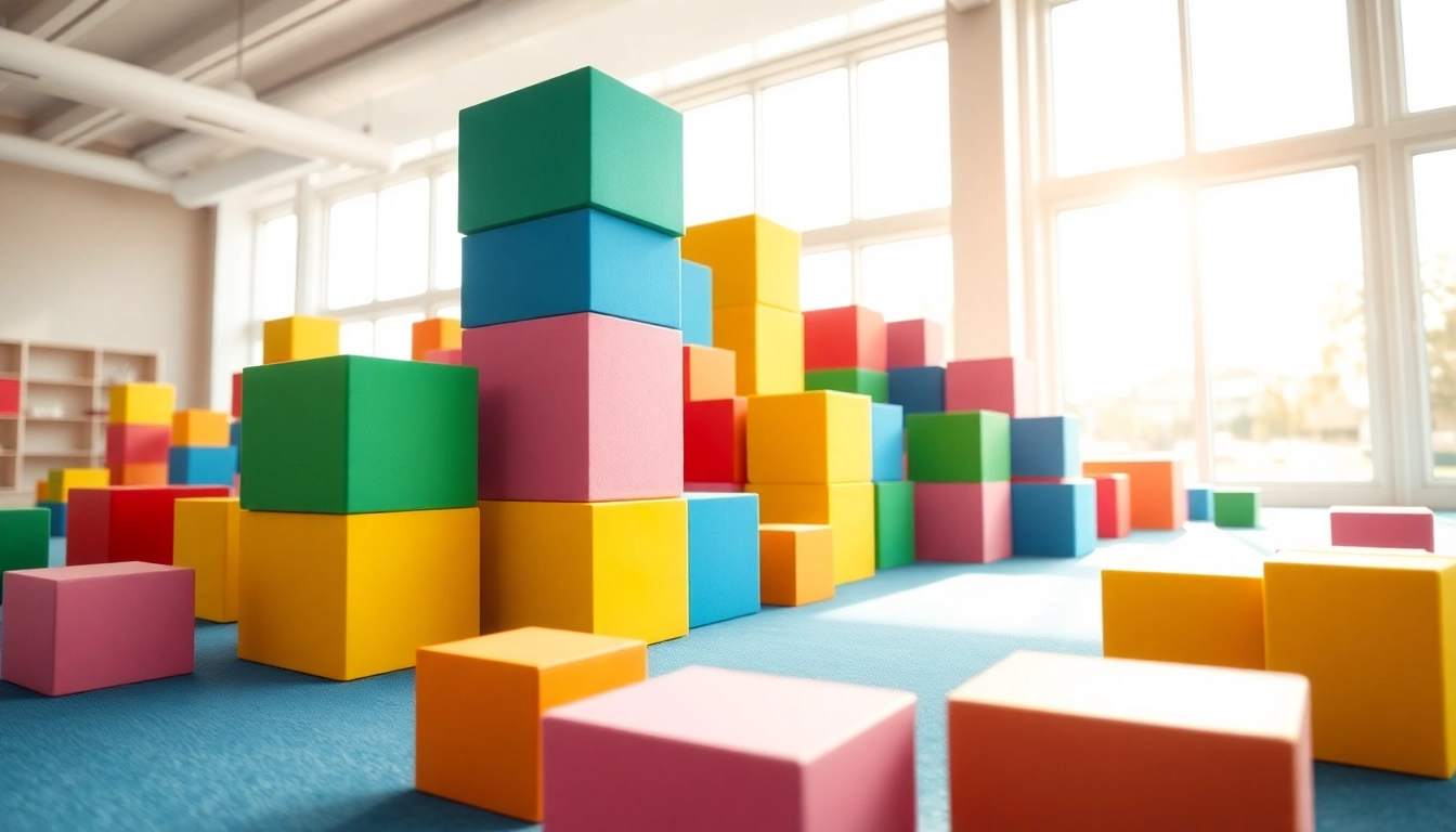Get the details on colorful giant foam building blocks stacking in a lively play area.