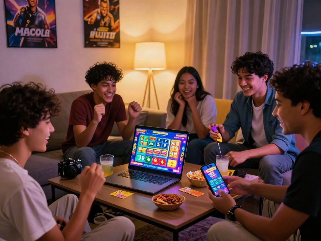 Group enjoying situs togel online games together, showcasing excitement and camaraderie in a cozy living room.