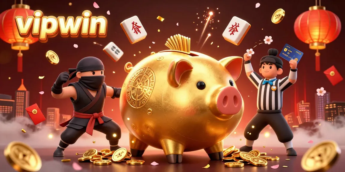 Engage in thrilling gameplay with vipwin as a golden piggy bank sumo wrestler shakes coins, surrounded by dynamic gambling elements.
