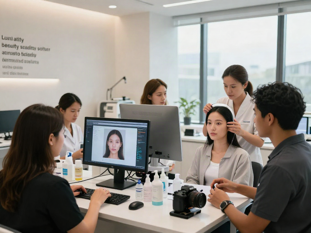 Performing an attractiveness test in a modern beauty lab with digital facial analysis and skincare products.