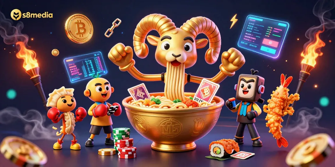 Engage in thrilling casino fun with a vibrant scene featuring s8media's golden ramen bowl character and crypto elements