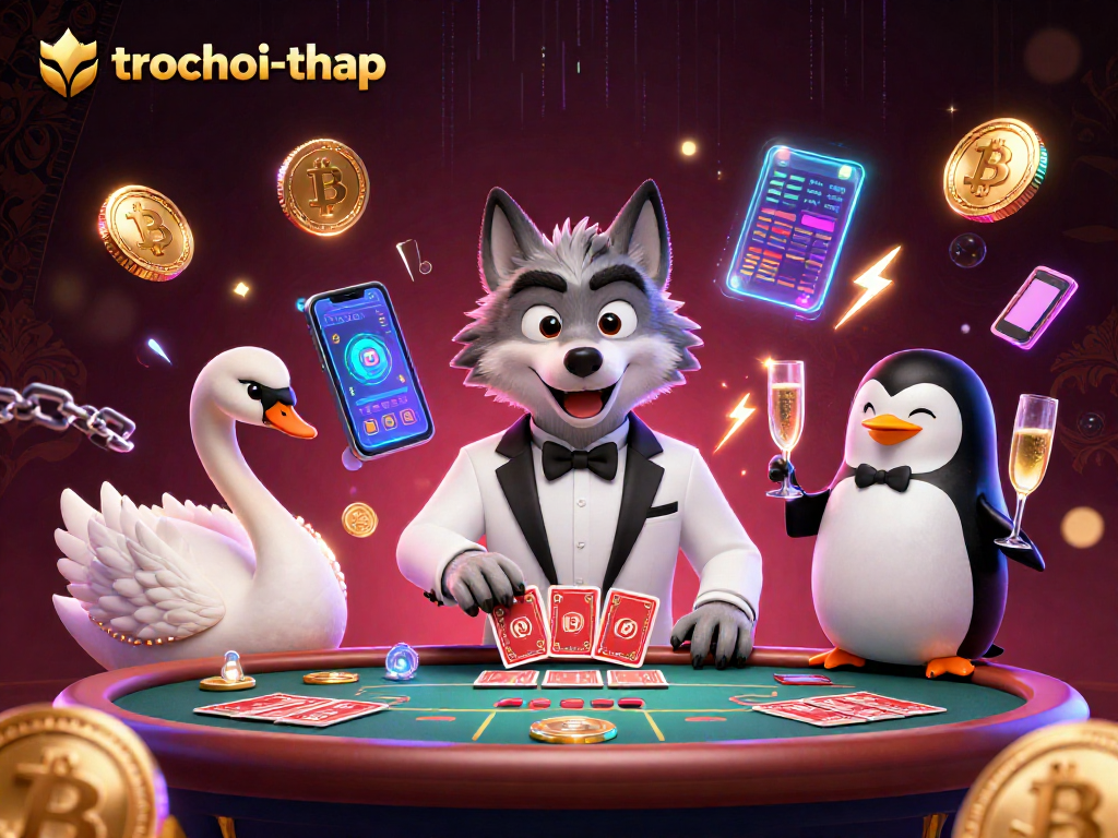 Engage in thrilling tower gameplay with trochoi-thap as cartoon characters enjoy baccarat amid digital energy.