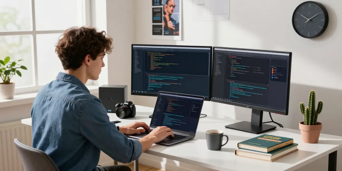 A software engineer at https://www.bdtjl.app/ coding in a modern workspace with high-tech monitors and accessories.