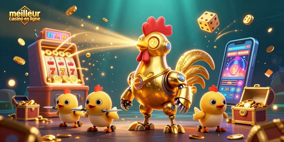 Lancez-vous dans le meilleur casino en ligne avec une scène colorée de robots et de machines à sous.