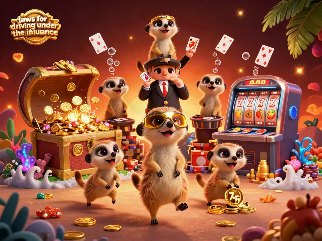 Experience laws for driving under the influence in a vibrant casino scene with meerkats managing games.