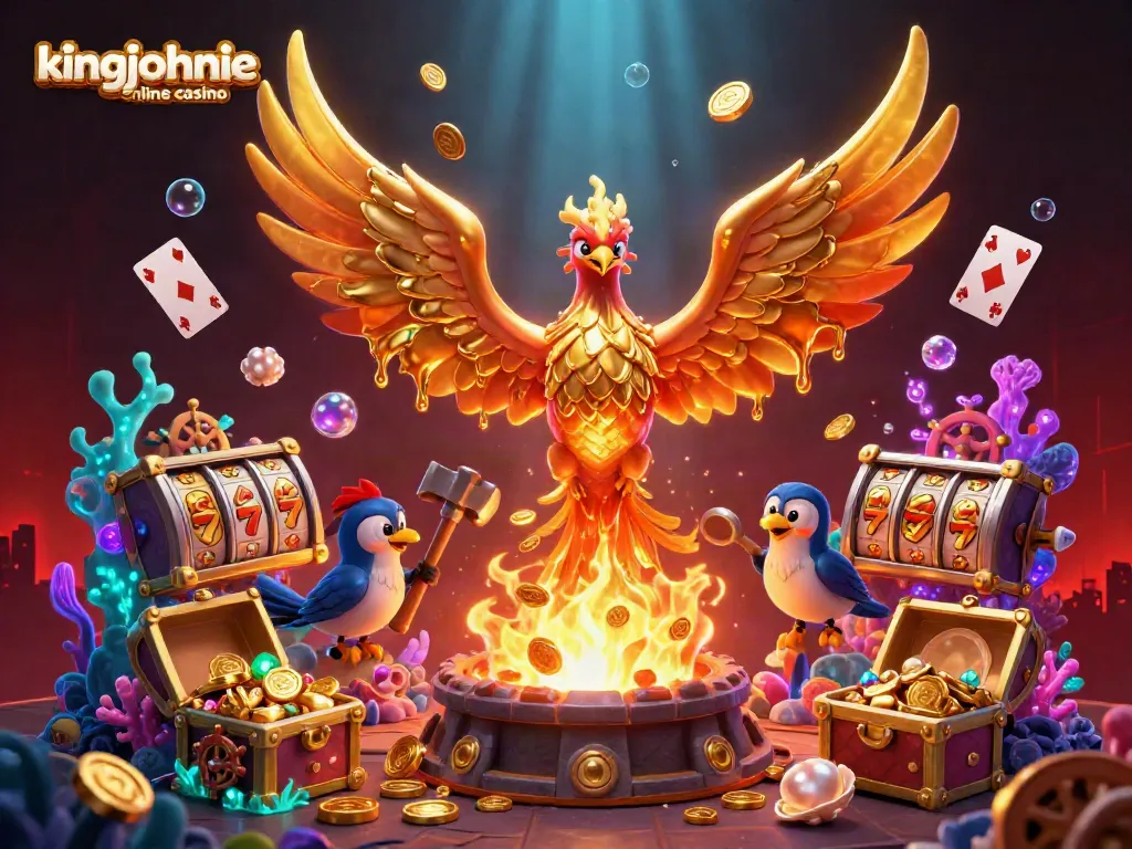 Experience the excitement at kingjohnnie online casino with a phoenix emerging from gold, surrounded by treasures.