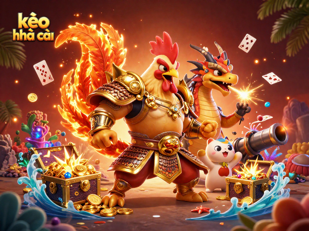 Engaging illustration of kèo nhà cái featuring a samurai rooster and dragon in a vibrant casino scene.