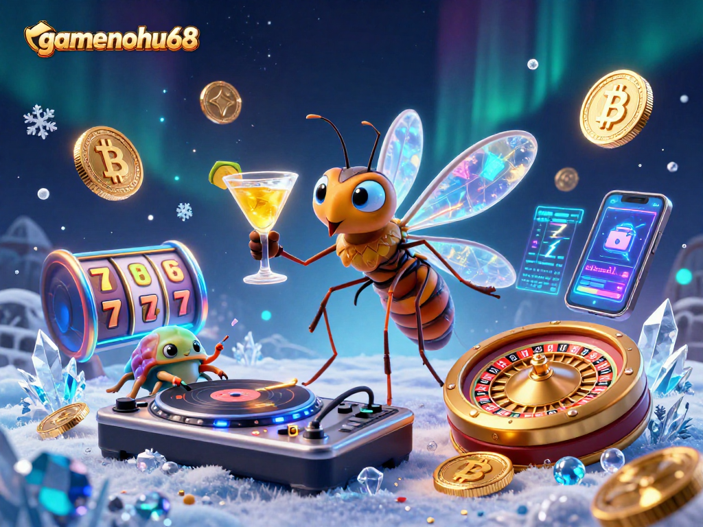 Experience the vibrant world of gamenohu68 with a delightful 3D casino scene featuring unique characters and crypto elements.