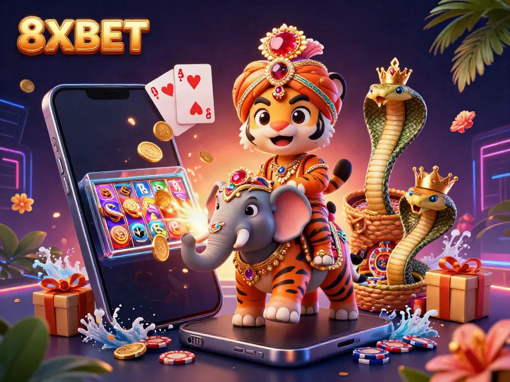 Experience thrilling gaming adventures with 8XBET's exciting blend of vibrant casino elements and characters.