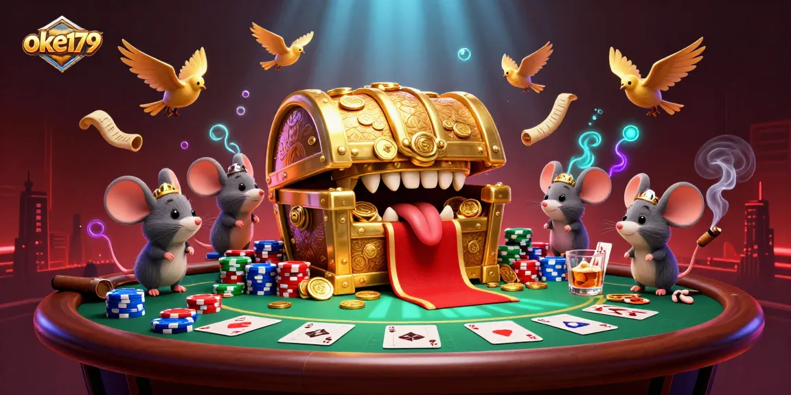 Engage in thrilling gameplay at oke179 with cartoon treasure chests and poker excitement.