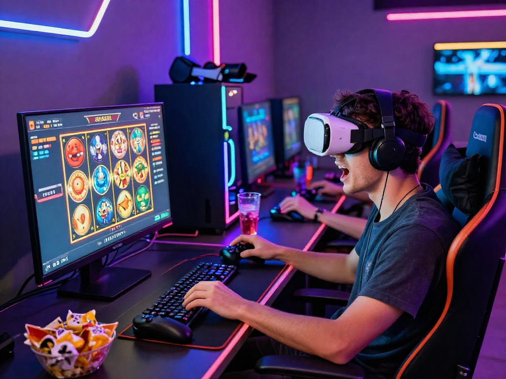 Experience situs slot excitement with an engaged player at a stylish online gaming setup.