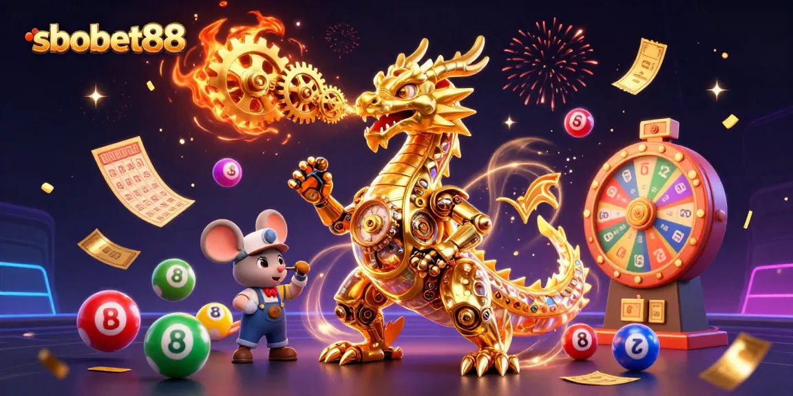 Engage with sbobet88 as a thrilling 3D fantasy scene of a golden dragon amidst dynamic gambling elements.