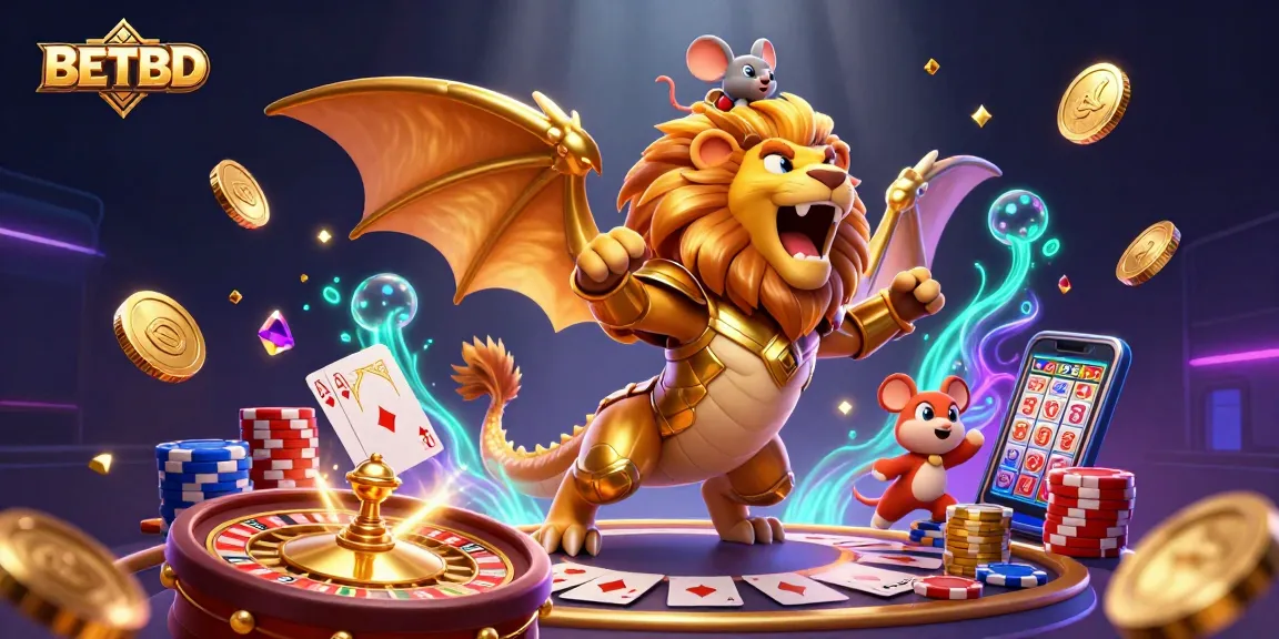 BETBD players celebrate wins with a chimera and mouse jockey amidst shimmering coins, roulette, and poker.