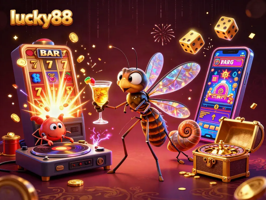Lucky88 casino scene with a mosquito mascot and trilobite DJ amidst jackpot features and spinning roulette.