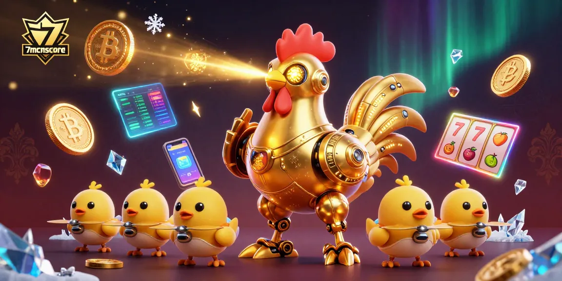 Experience exciting gaming vibes at 7mcnscore with our dynamic slot scene featuring golden rooster and crypto elements.