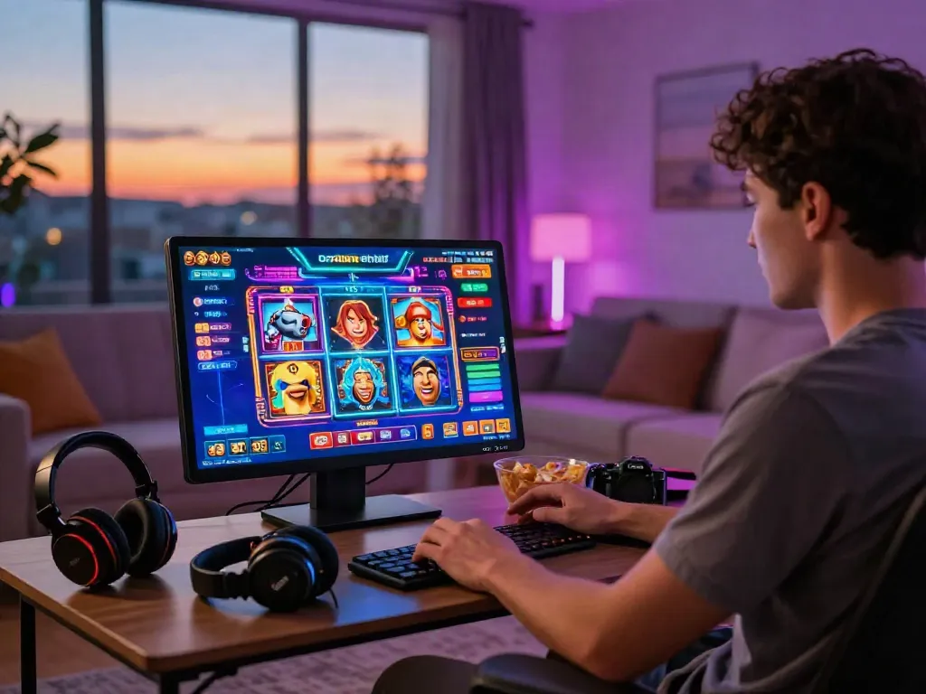 Engaging player enjoying สล็อตเว็บตรง on a tablet in a cozy gaming space.