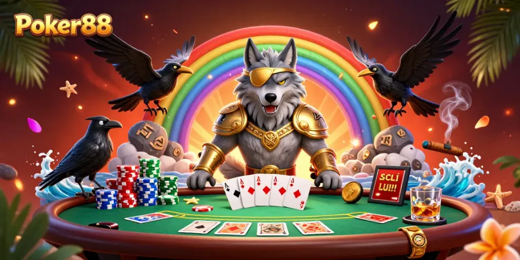 Poker88 players enjoying a vibrant casino experience with a mythological twist, surrounded by poker elements.