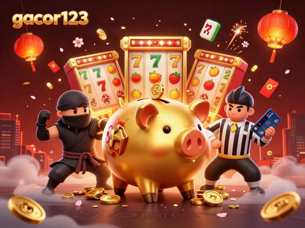 Experience winning at gacor123 with a cartoon championship between a sumo wrestler piggy bank and colorful slot symbols!