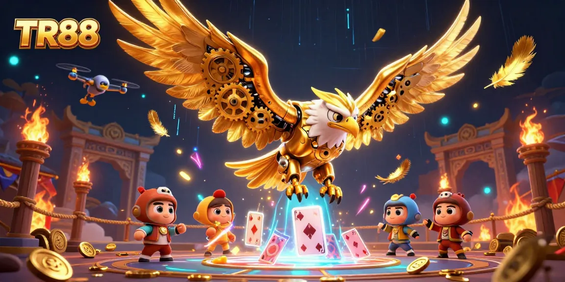 Unleash your luck at TR88 with a dynamic 3D cybernetic eagle soaring through vibrant holographic cards.