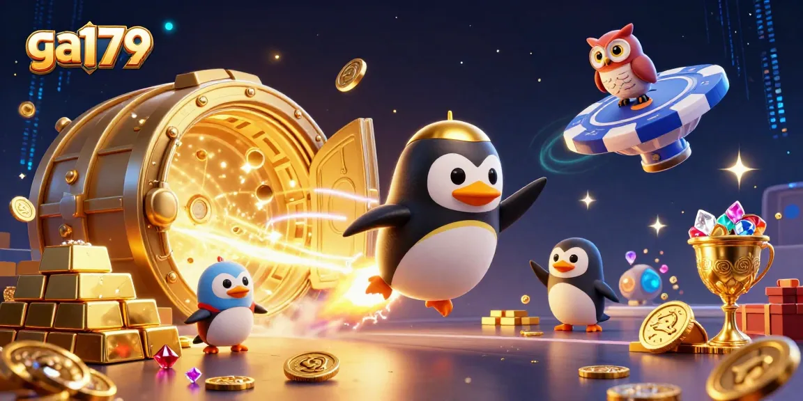 Experience gambling excitement with ga179, featuring a golden penguin and treasure amidst vibrant casino-themed elements.