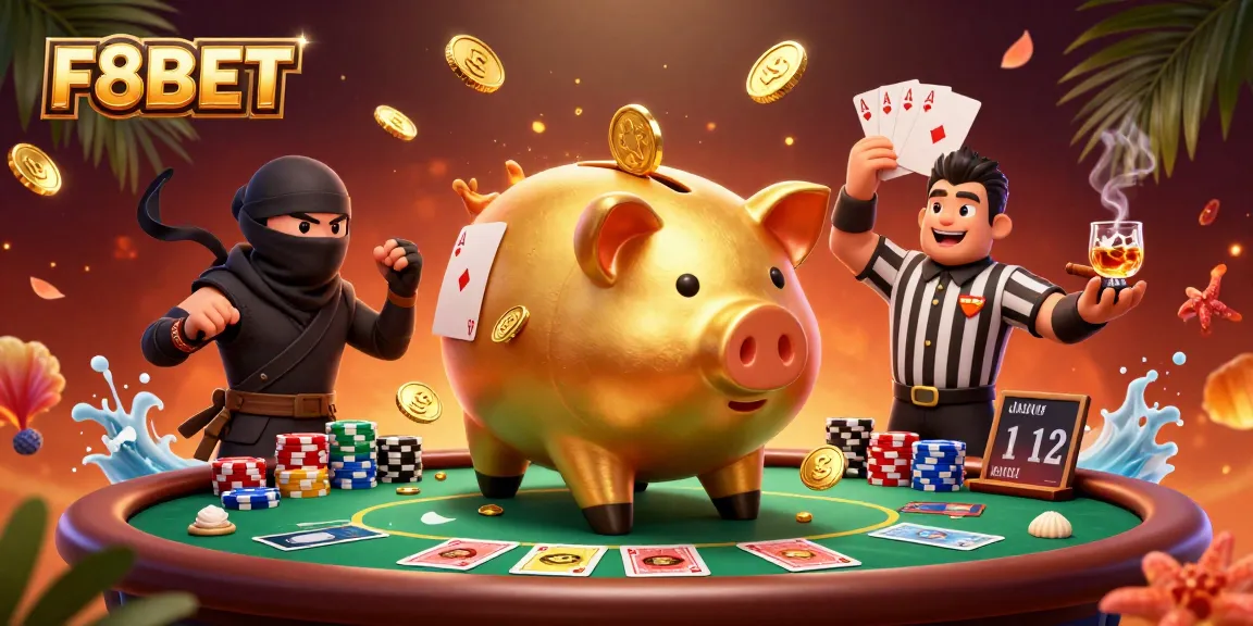 F8BET showcases a dynamic 3D illustration of jubilant casino elements, emphasizing engaging gaming action.